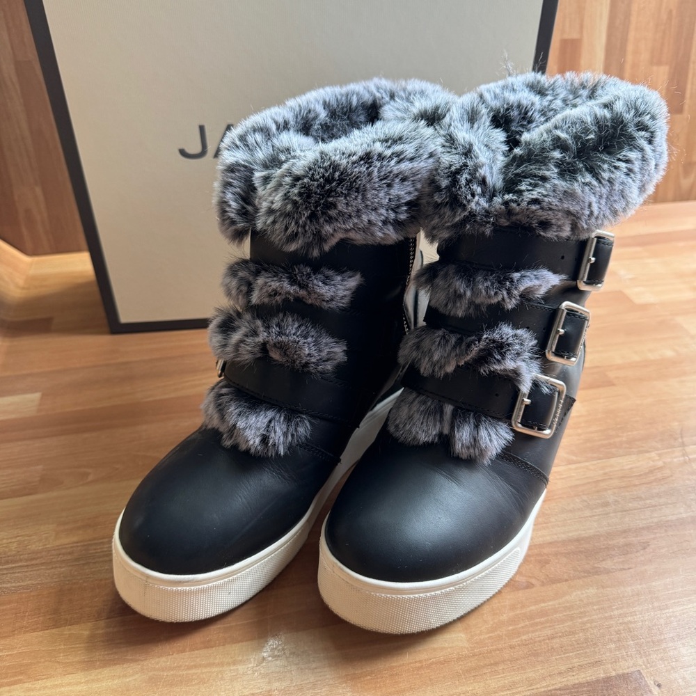 J Slides leather faux fur spat boots side zipper size 8.5 waterproof